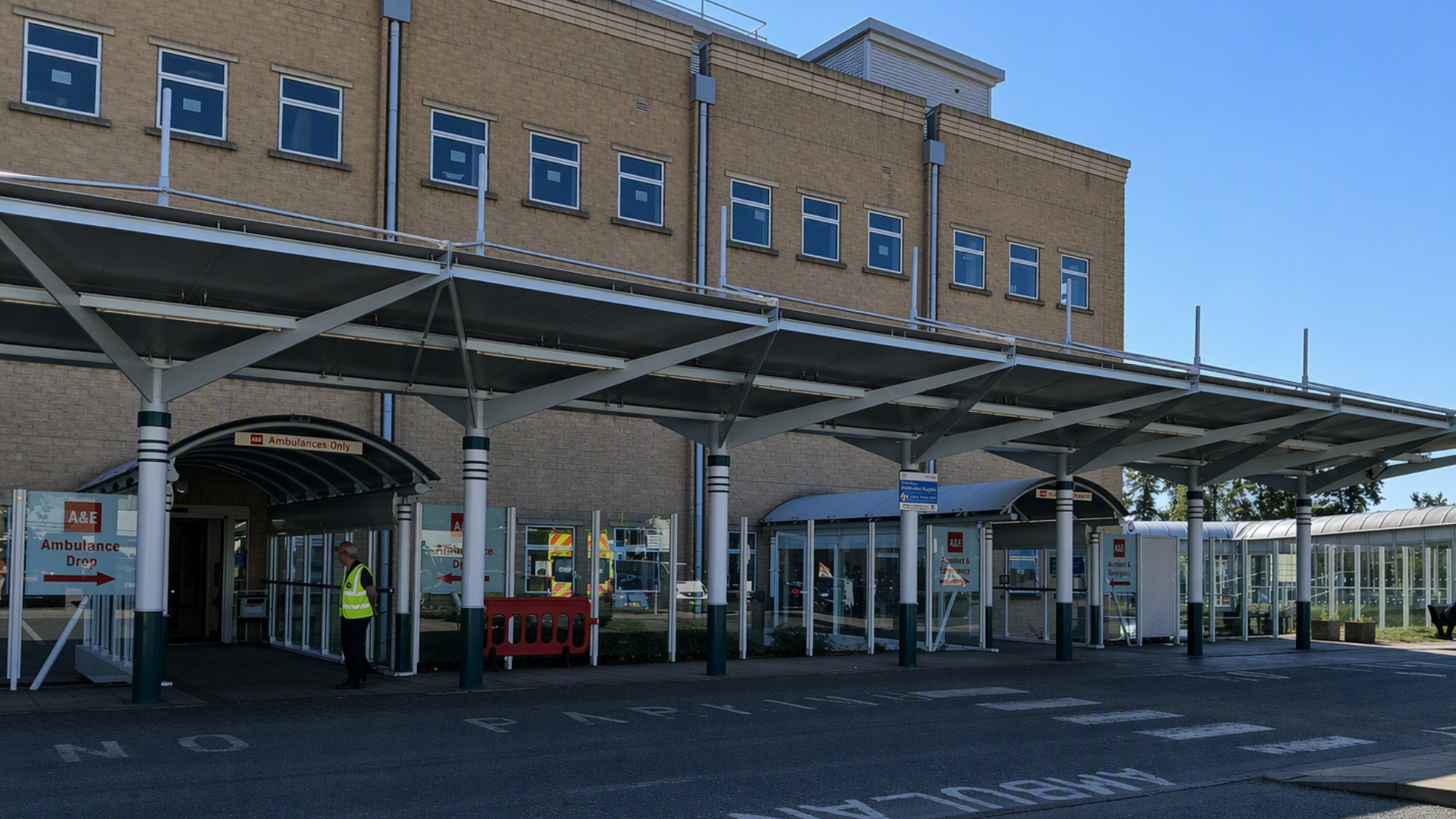 A photo of the A&E canopy outside CRH 