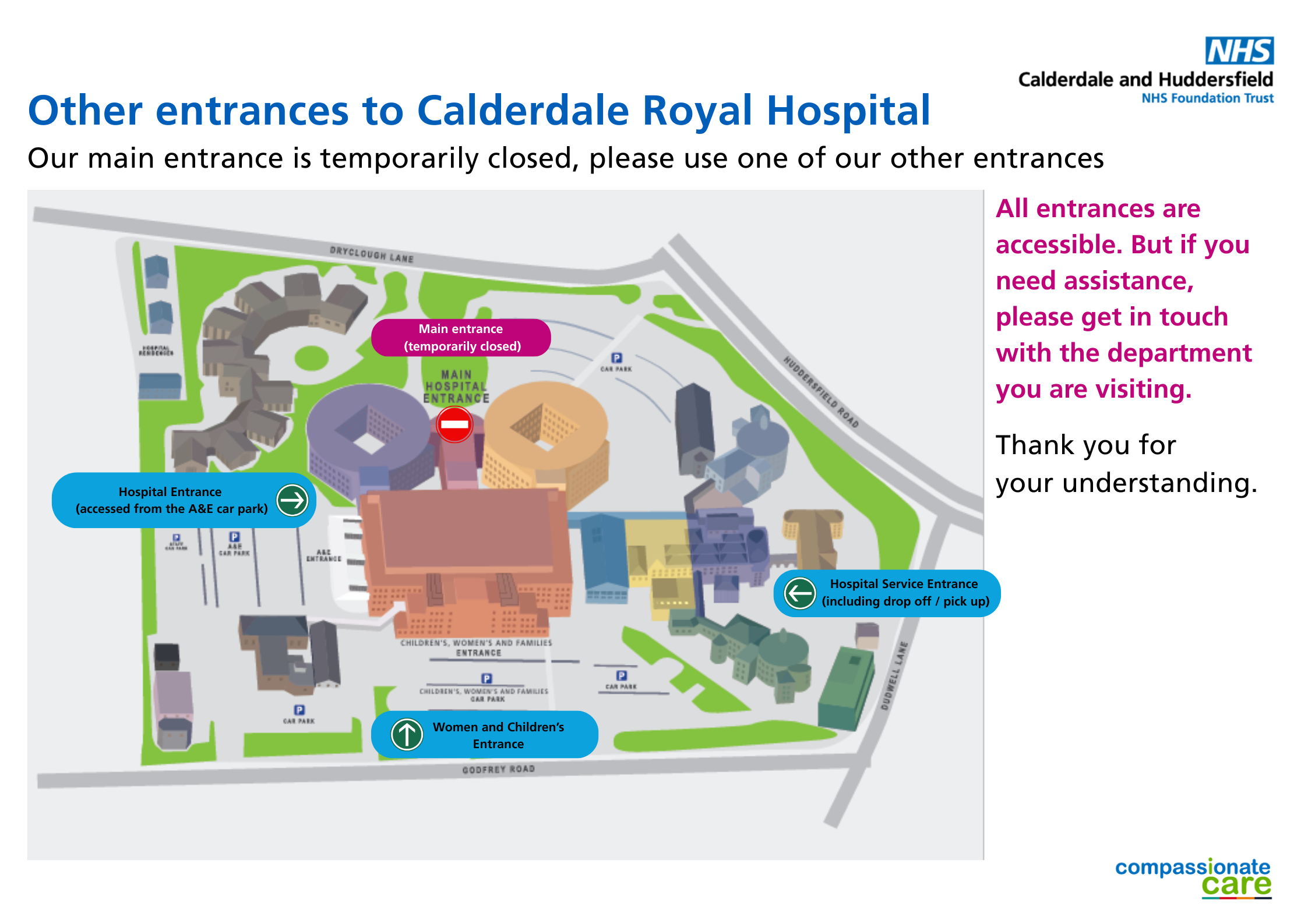 A map of alternative entrances to Calderdale Royal Hospital