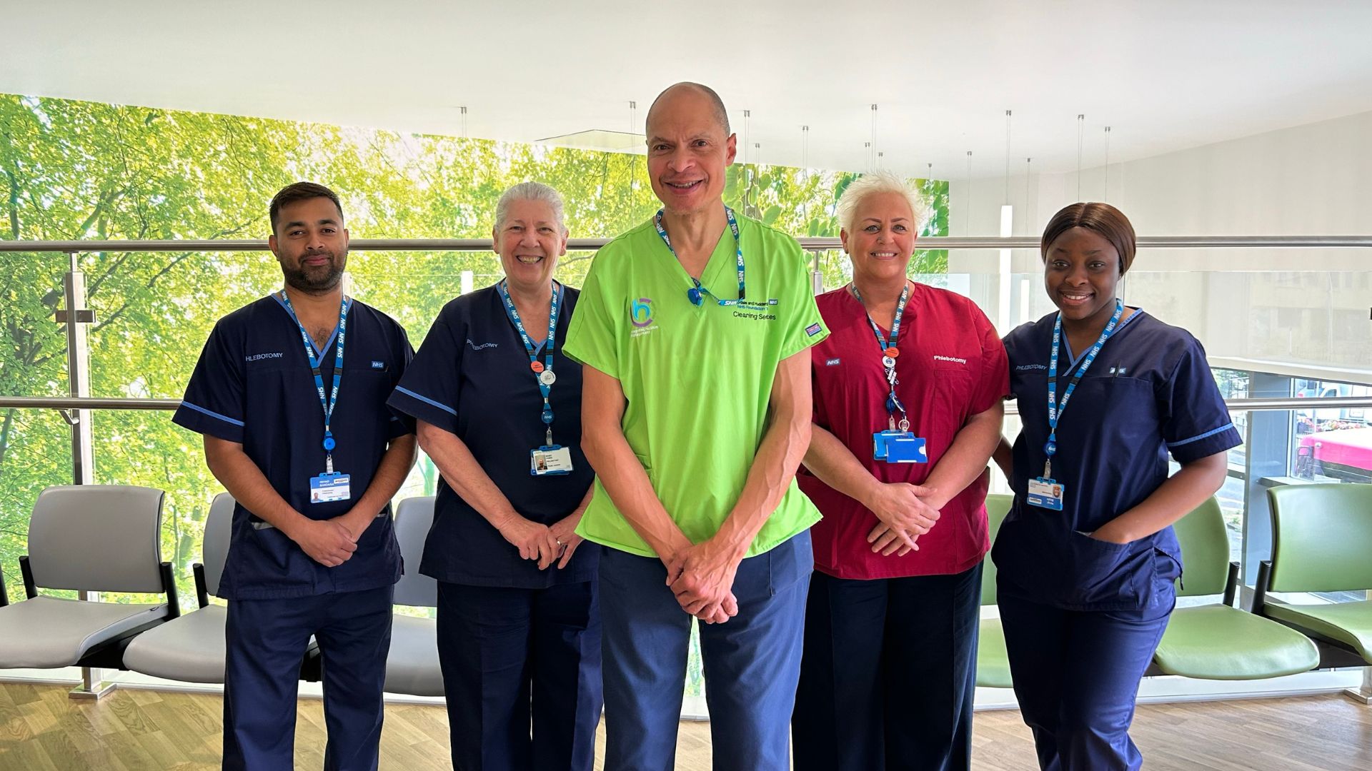 From left to right: Phlebotomist Oshadi Bandara, Phlebotomy Team Leader Mandy Ferris, Domestic Assistant Micheal Hamilton, Phlebotomist Team Leader Lisa Popps and Phlebotomist Nengi Boyle