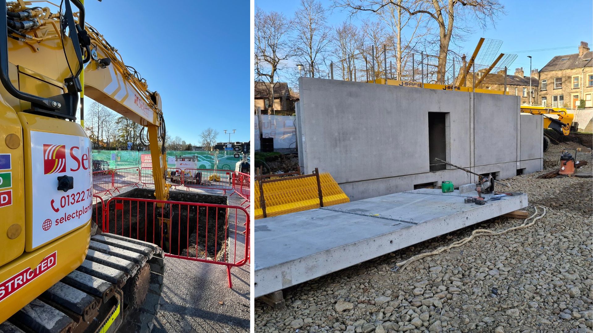 Precast concrete sections of the MSCP on site (left) and the excavation works which expose the rock head (right)