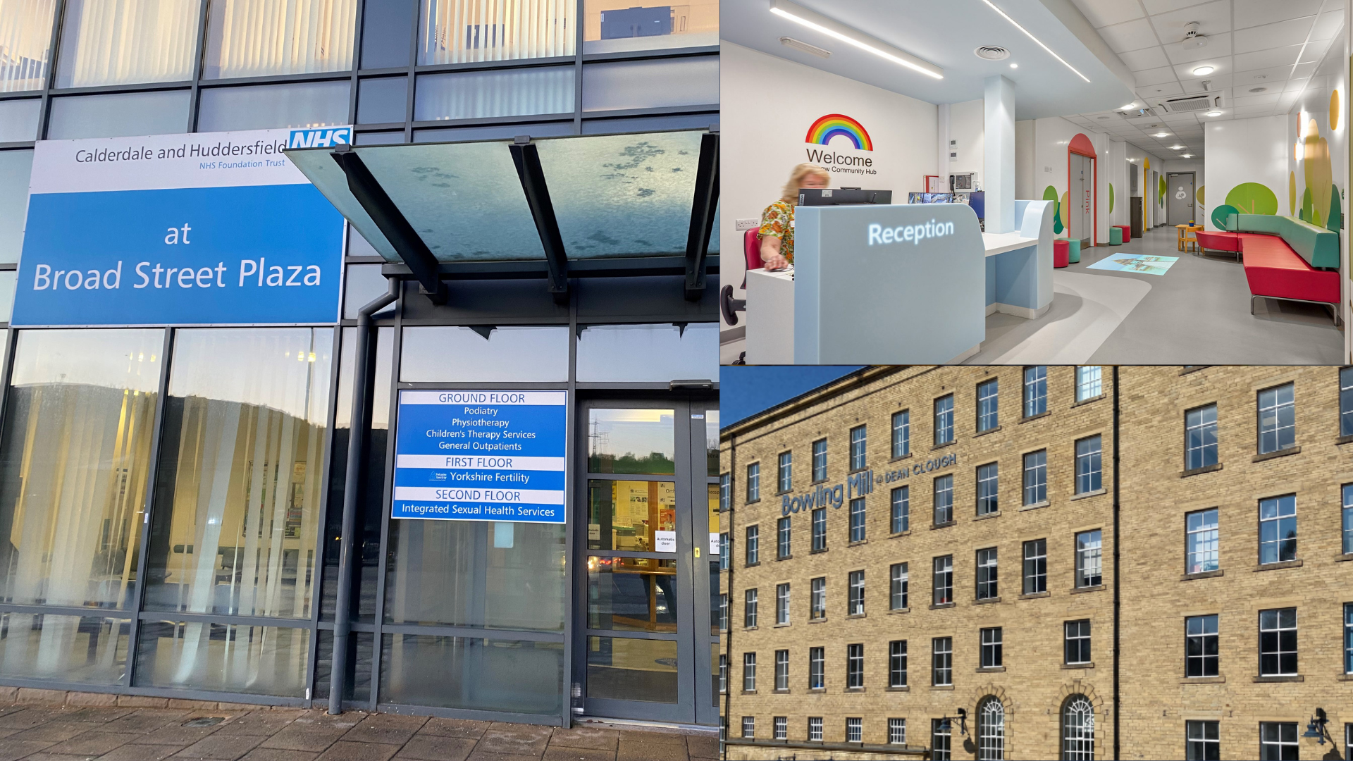 A photo montage of Broad Street Plaza CDC, Rainbow Centre and Dean Clough Mills