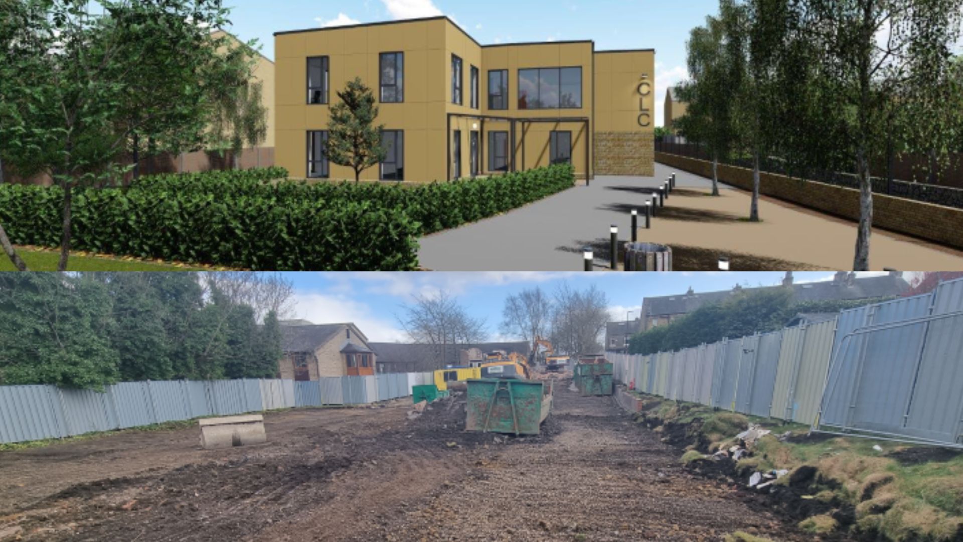 An artist's impression of the learning and development centre shows the building has two floors and is set in a wellbeing garden, with a grey pavement and some trees