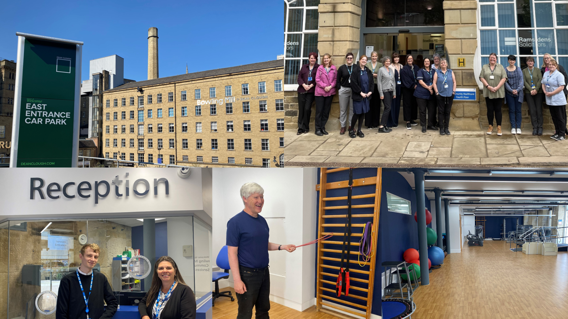 A photo montage of colleagues and patients using the space at Bowling Mill, Dean Clough Mills
