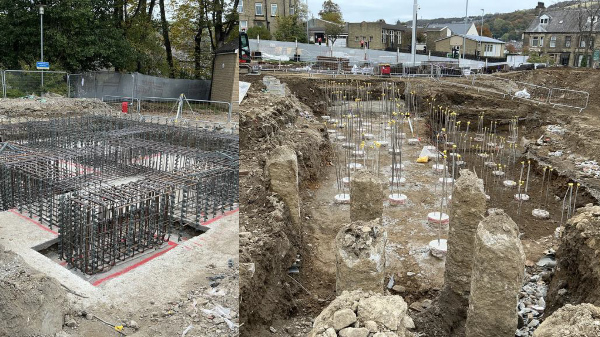 An image of concrete pillars in the ground to support the construction of the new car park at Calderdale Royal Hospital