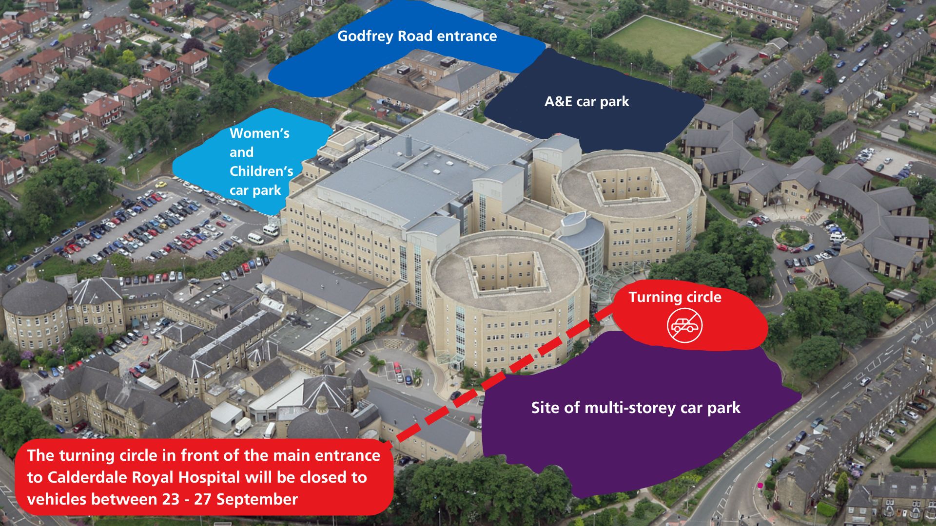 The map shows the location of the turning circle in front of the main entrance to Calderdale Royal