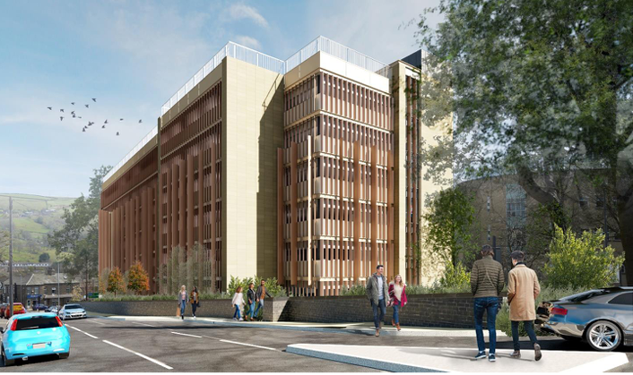 Render of the new multi-story car park at Calderdale Royal Hospital.