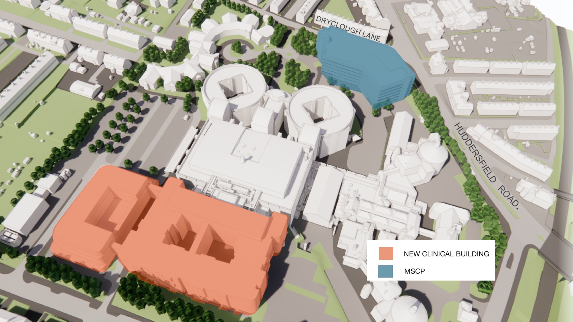 Render showing where the new building will be placed at Calderdale Royal Hospital