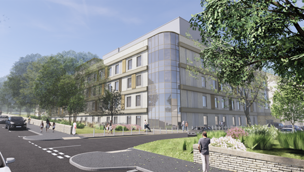 Render of the outside of a clinical building with trees, roads and pedestrians. 