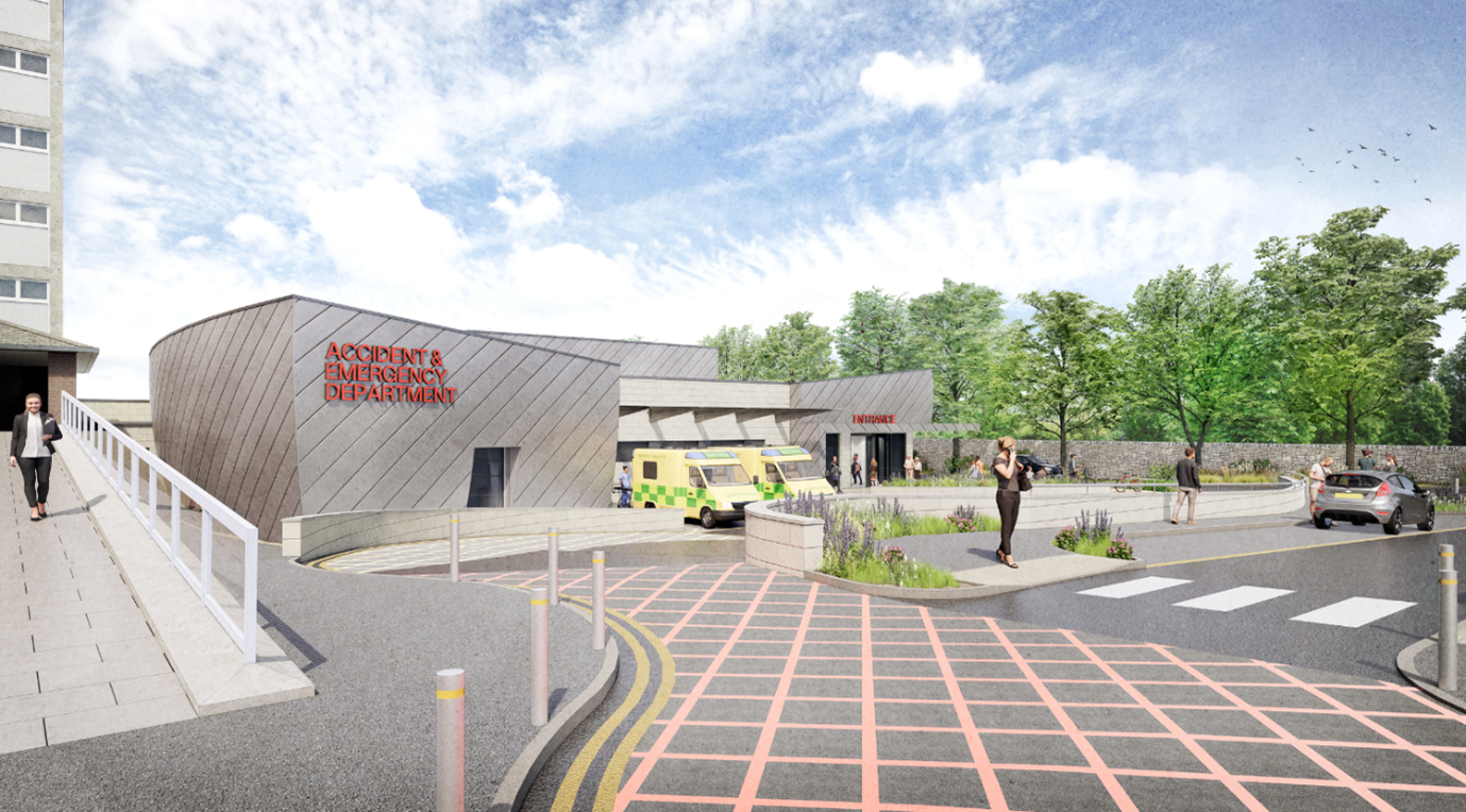 Render of the outside of an A&E Building with pedestrians and ambulance 