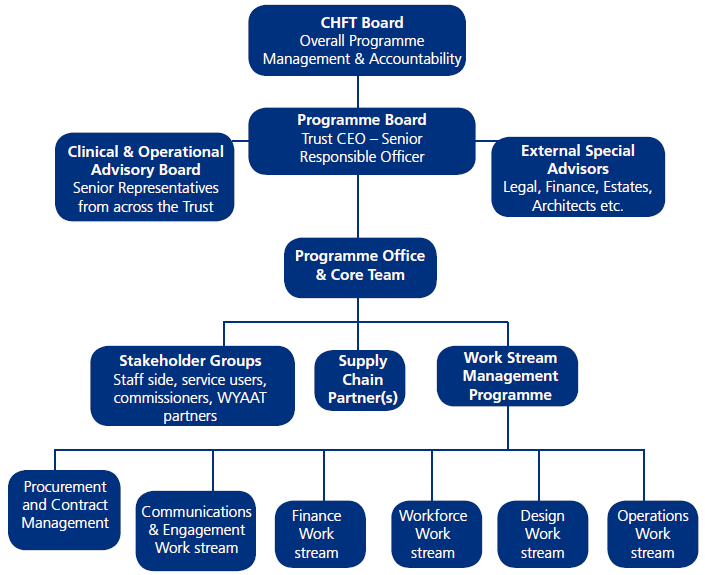 CHFT Board Flow Chat with blue boxes, blue lines, and white text.