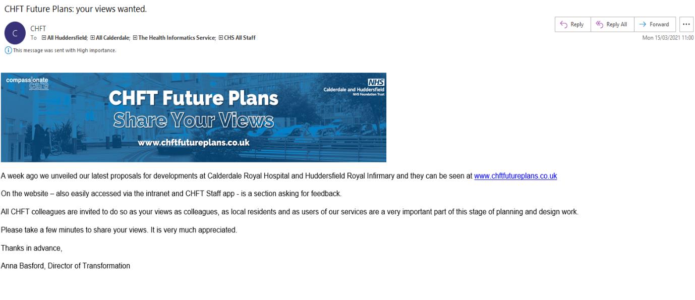 Screenshot of staff email to promote the plans of the two hospital sites. 