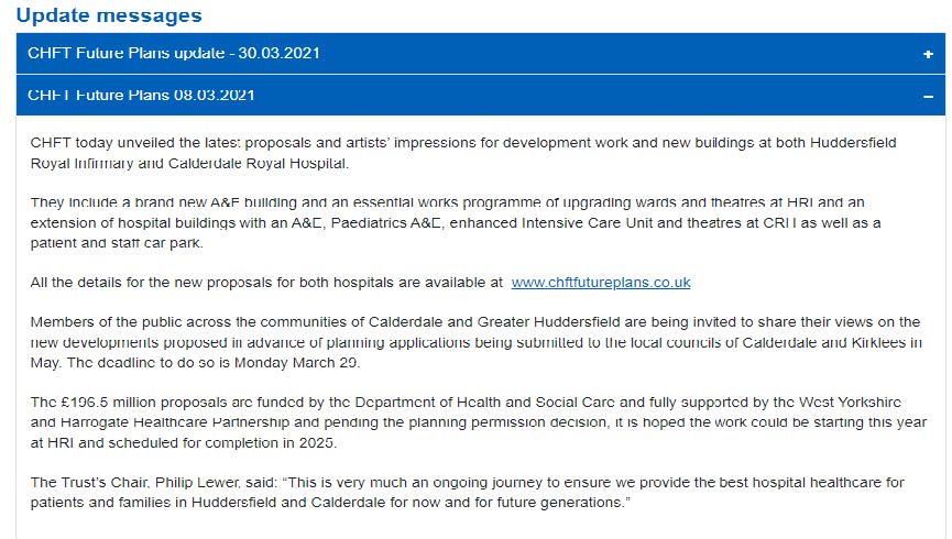Screenshot of webpage showing where updates on the plans have been shared.