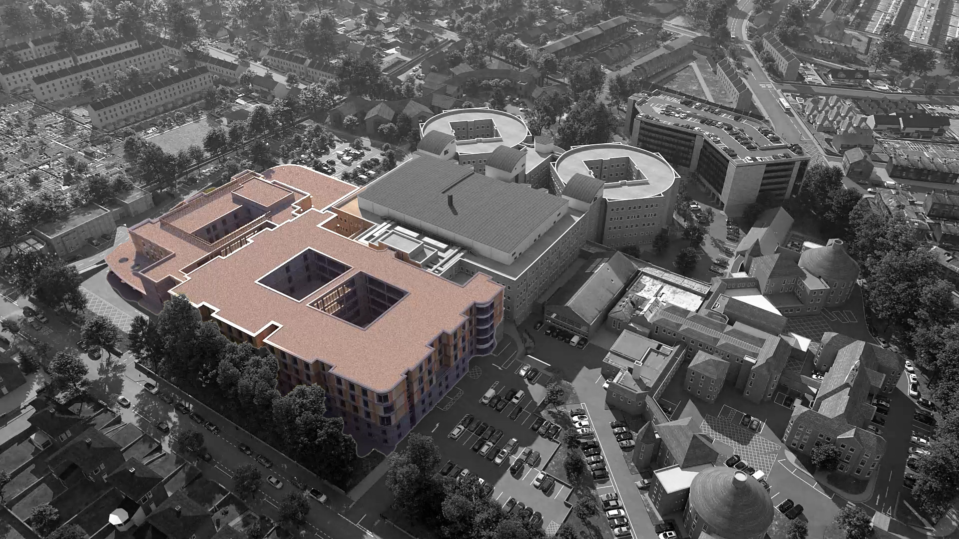 An artist impression which shows the scale of the new building in relation to the current hospital