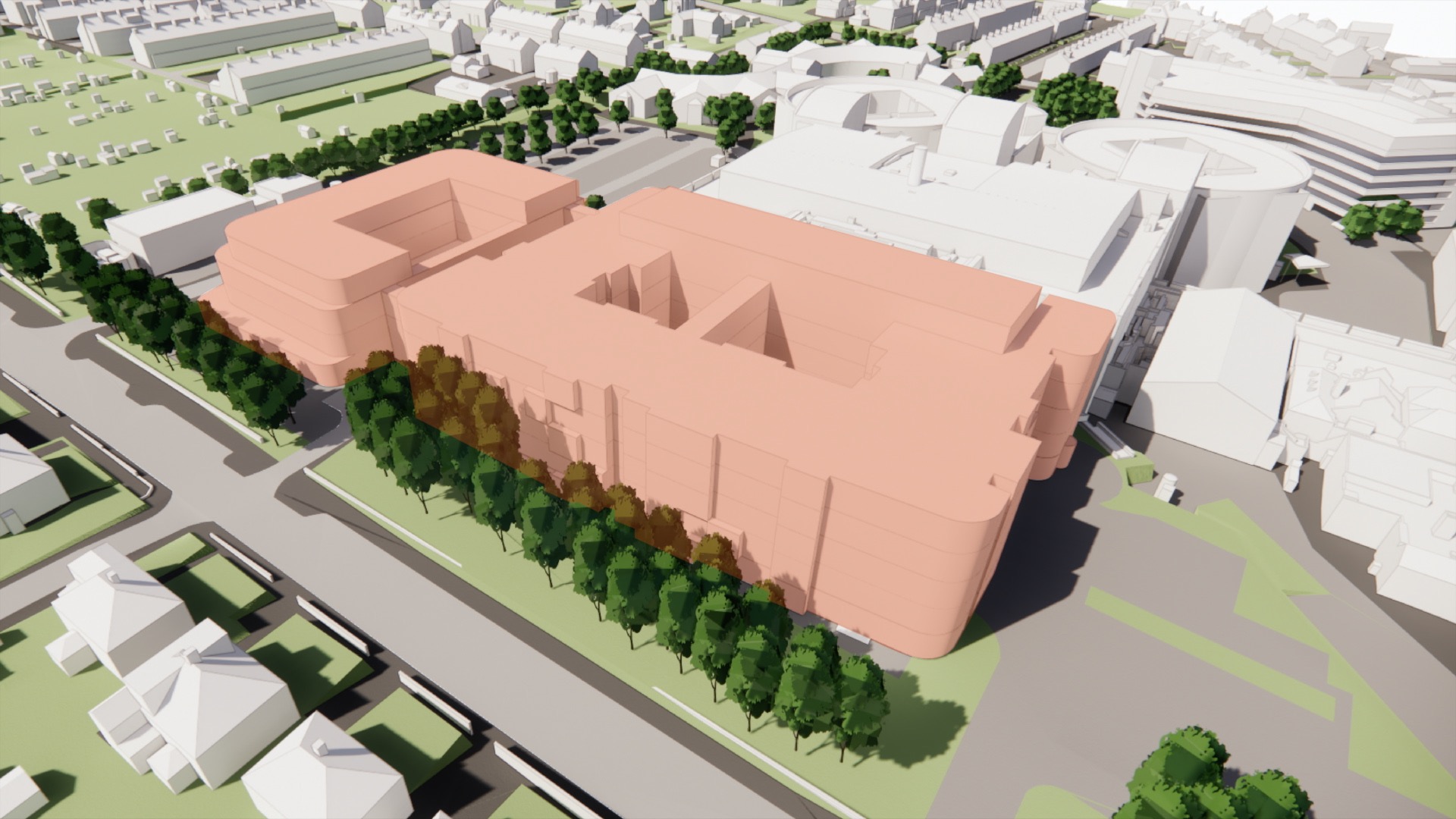 Render showing where the new building will be placed at Calderdale Royal Hospital